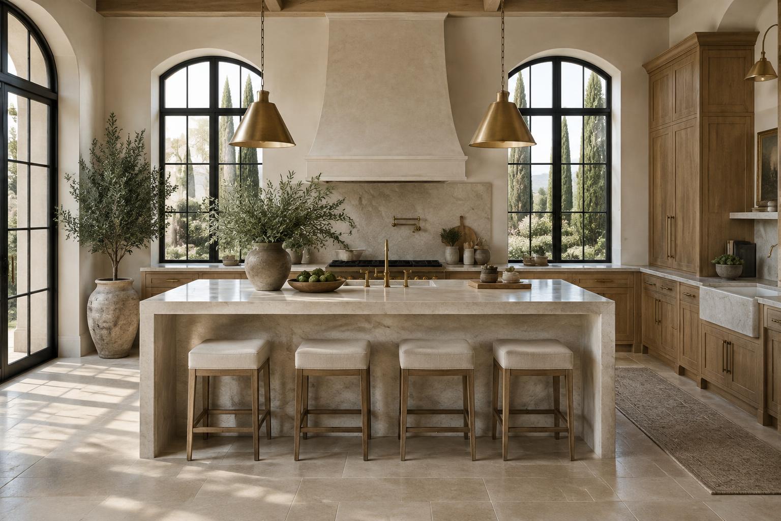 Limestone kitchen with warm oak cabinetry and arched windows