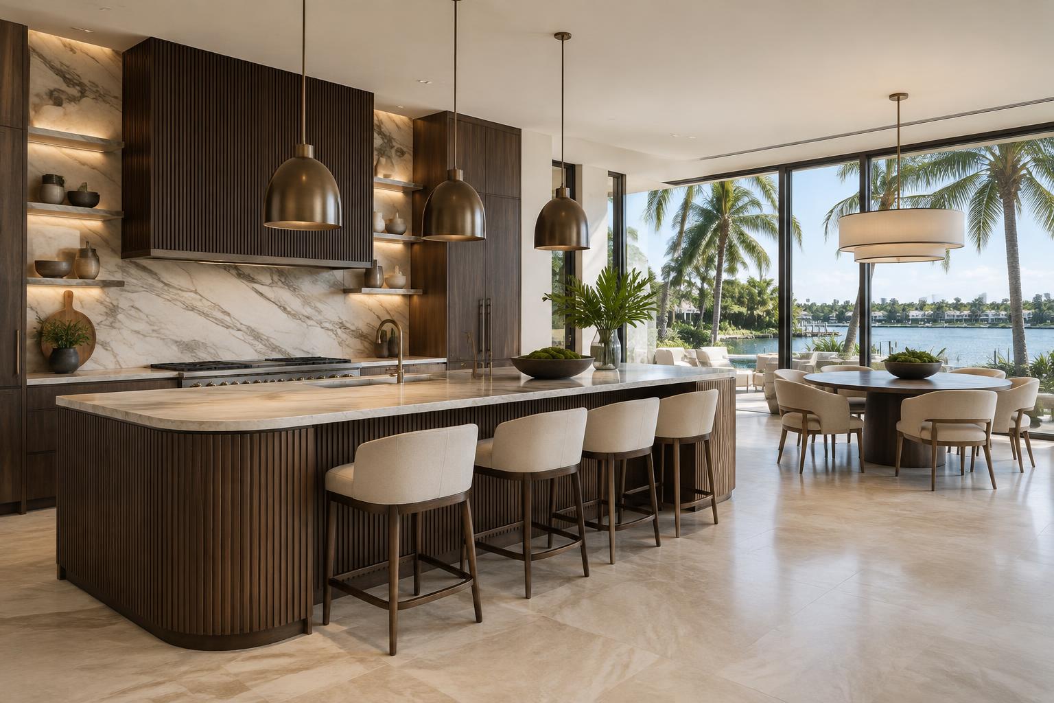 Waterfront kitchen with dark wood cabinetry and marble surfaces