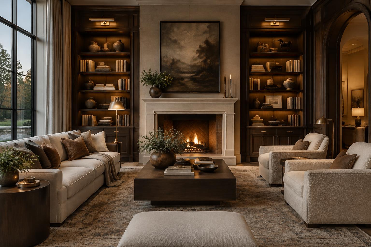 Oak-panelled library lounge with a limestone fireplace