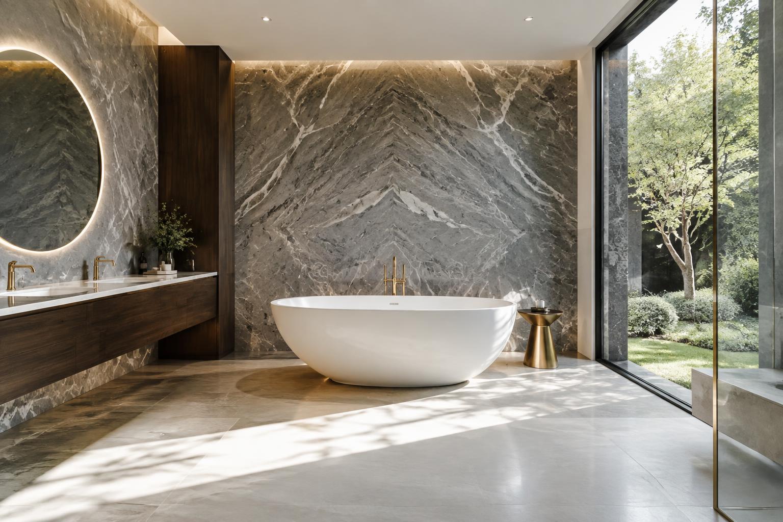 Modern spa bathroom with a freestanding tub and book-matched marble