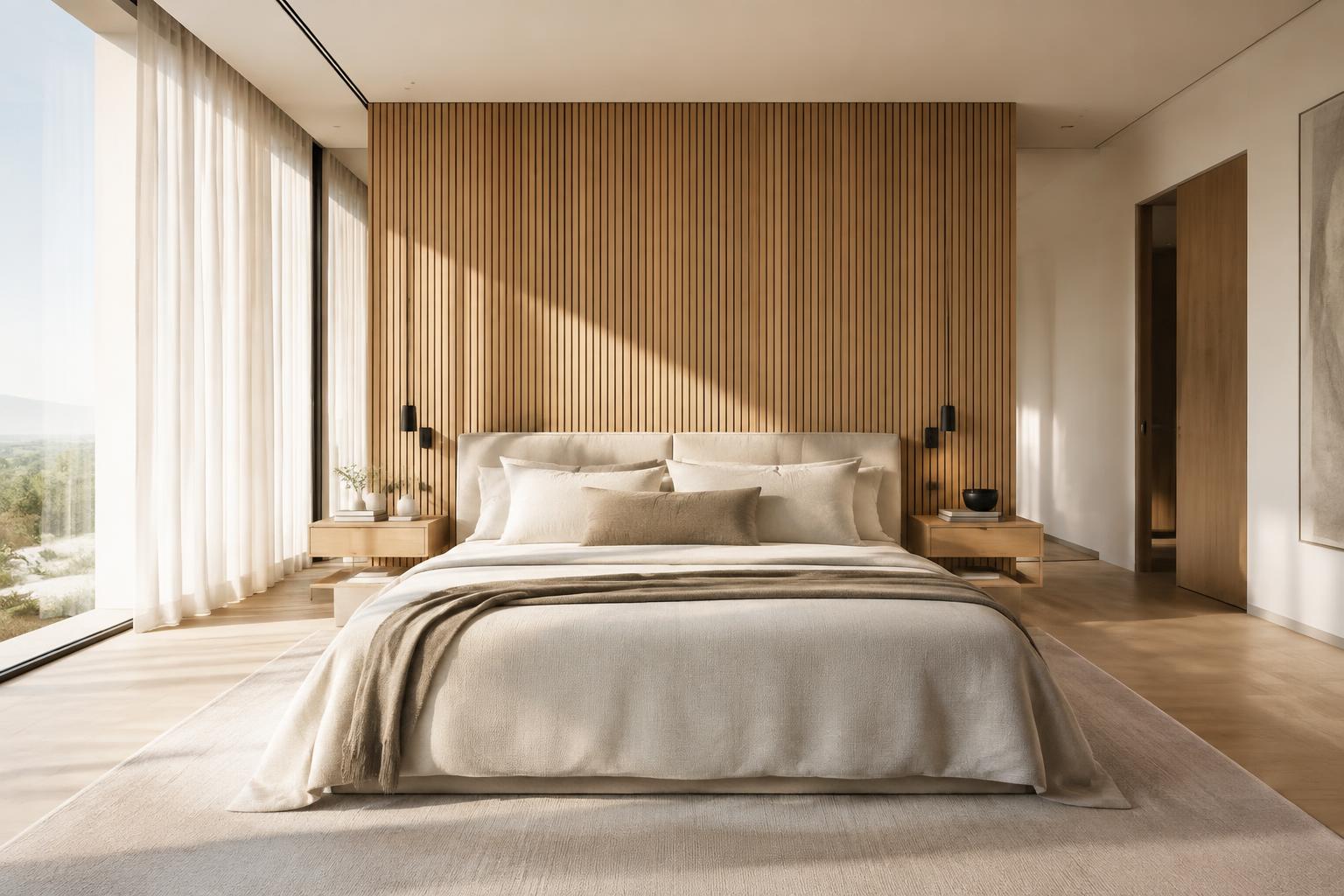 Modern primary suite with an oak slat feature wall and full-height glass