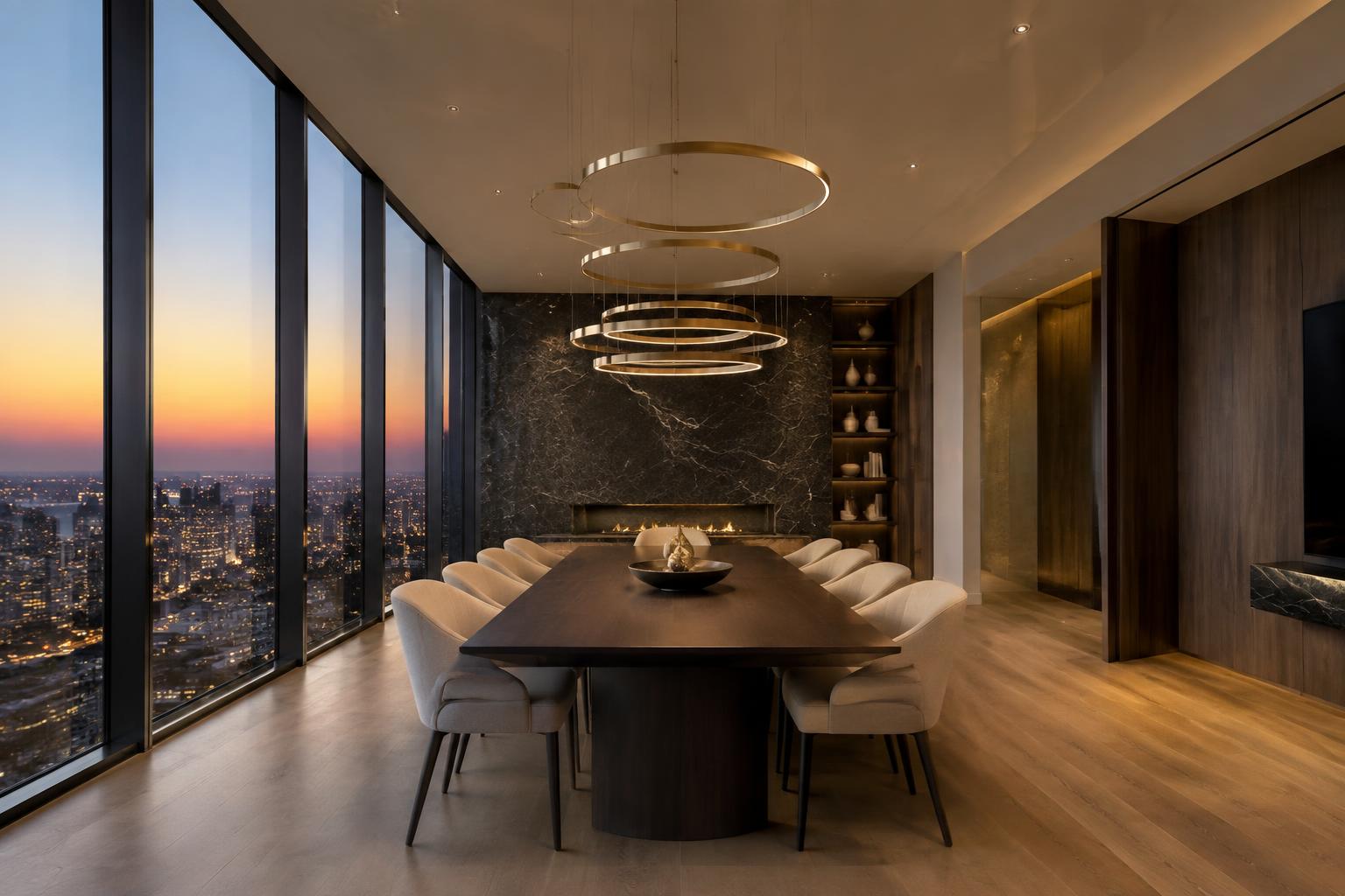Modern dining room with a sculptural brass chandelier and skyline views