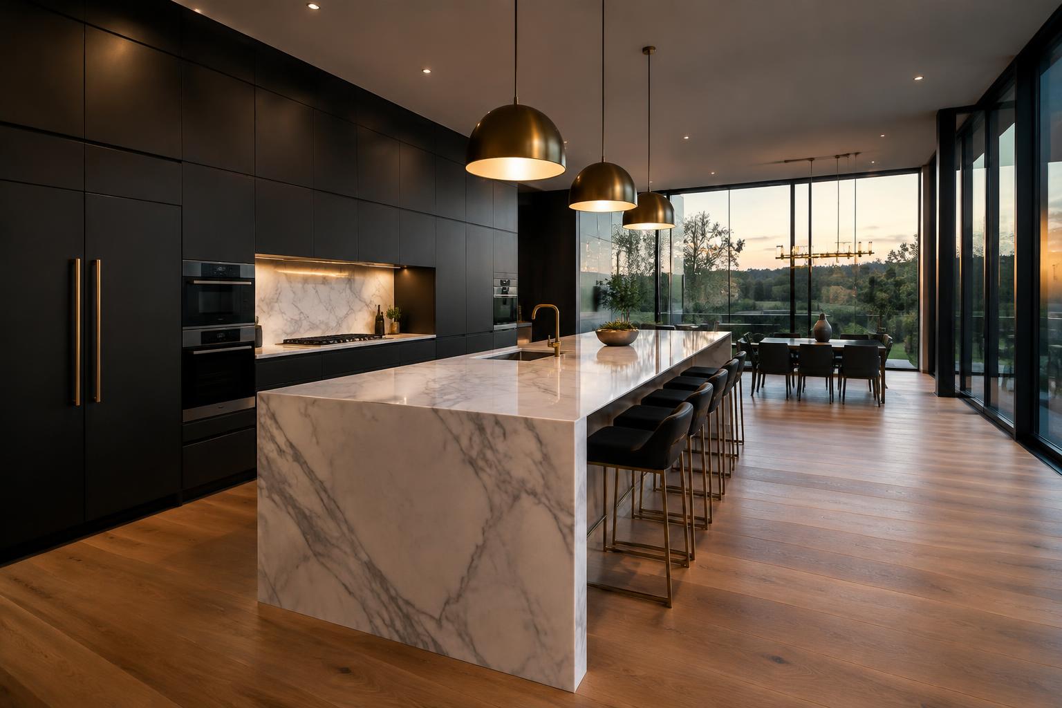 Modern kitchen with matte black cabinetry and a marble waterfall island