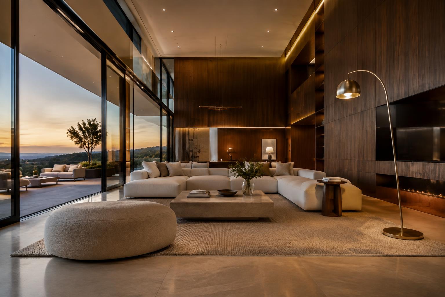 Contemporary double-height living room with glass walls and walnut panelling