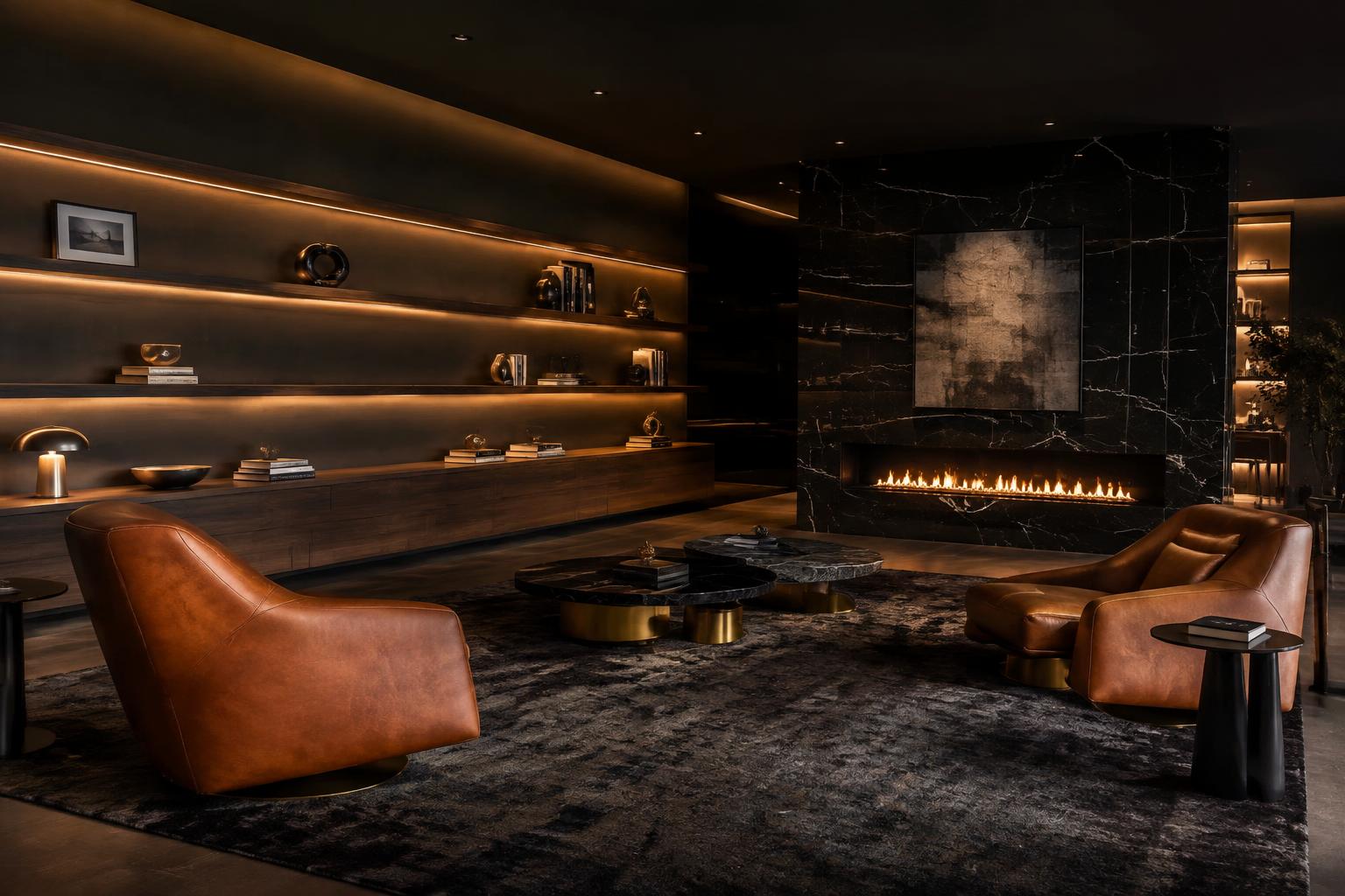 Modern lounge with leather armchairs and a black marble fireplace