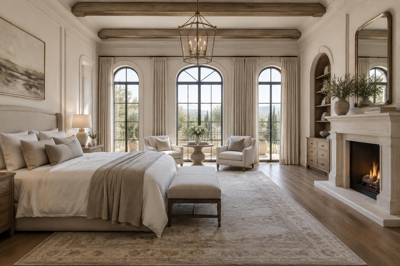Primary bedroom suite with arched windows and a stone fireplace