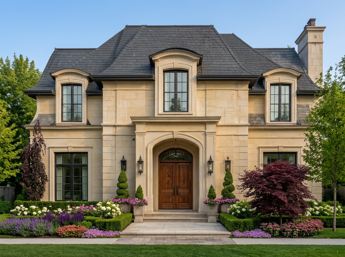 Custom limestone residence with colourful gardens